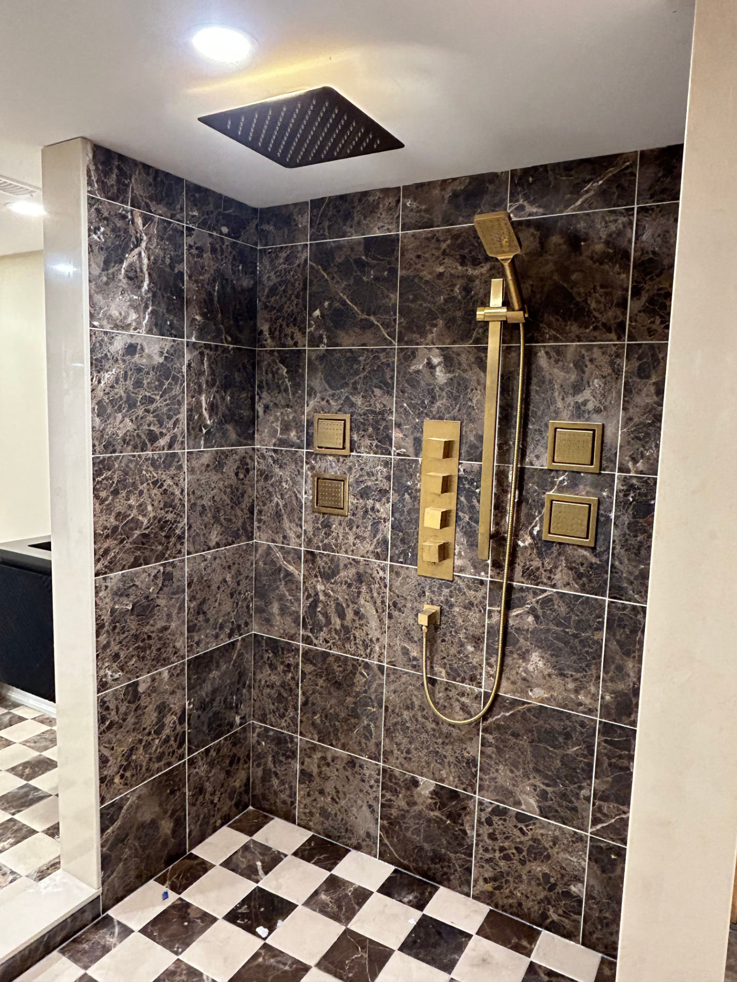 Marble walk-in shower — completed project