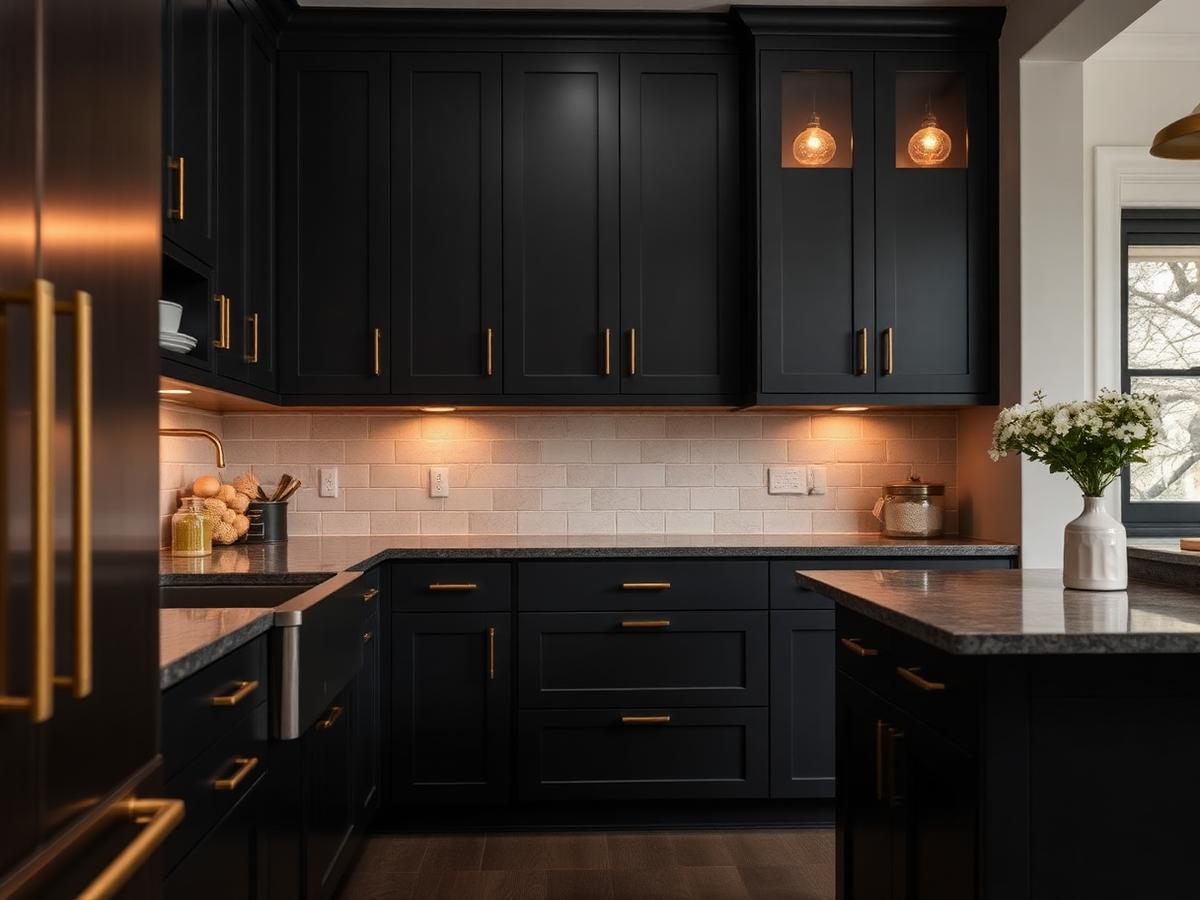 Finished dark kitchen renovation with brass hardware in a Toronto home